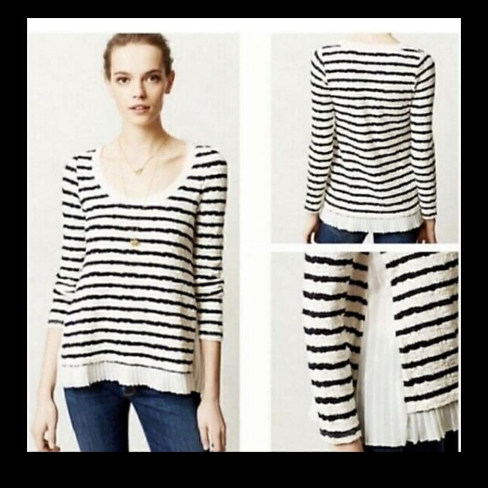 Anthropologie Postage Walkwrite Longsleeve Tee Pleated Inset Navy White  XS